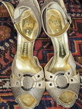 Rock & Republic Metallic Gold Peep-Toe Heels with Stud Detail